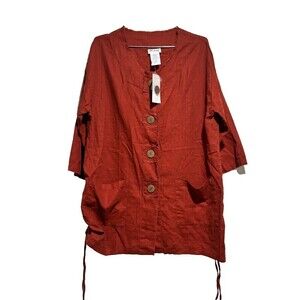 NEW Blair Lagenlook Blouse Top Medium Burnt Orange Scoop Neck Button Front